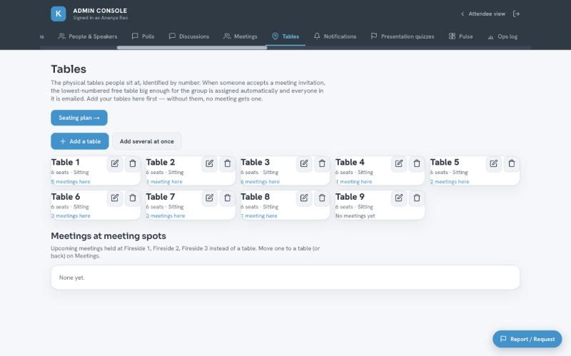Tables page with seats and meetings per table