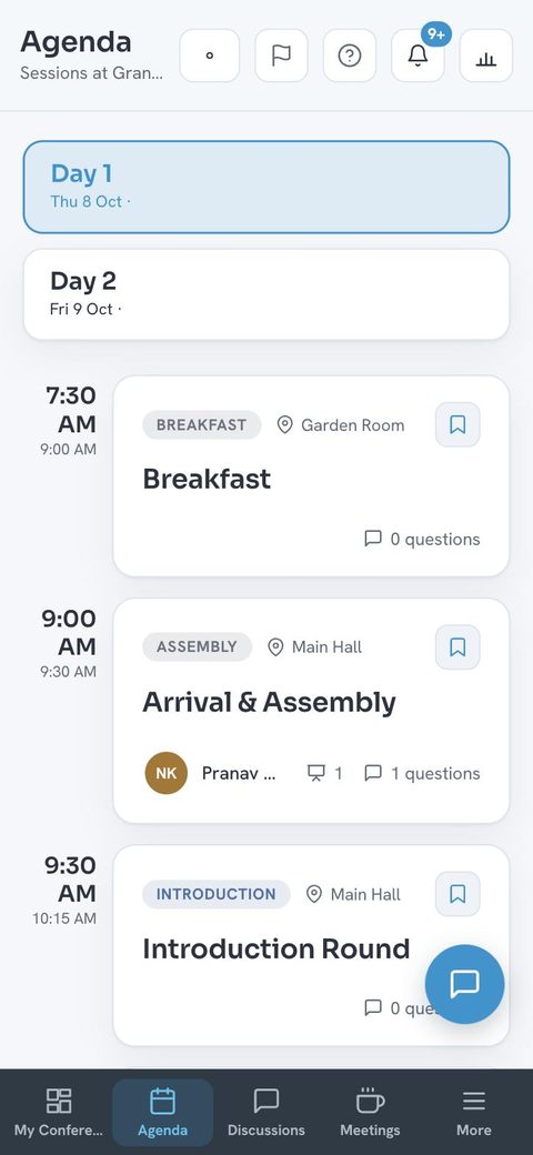 Konsai agenda showing Day 1 sessions with rooms and speakers