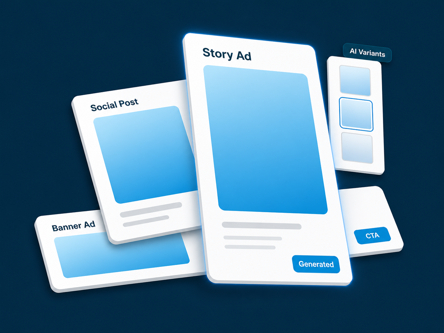 AI-generated marketing campaign builder showing ad variants and performance metrics