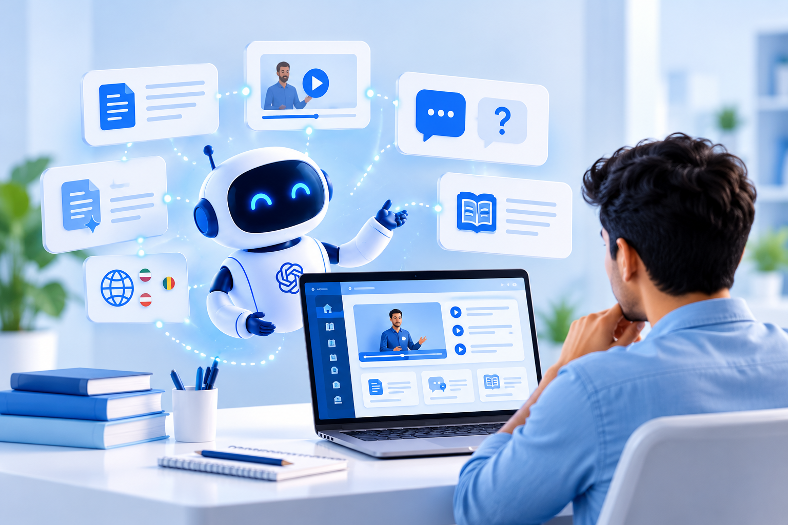 A learner at a laptop working with an AI robot assistant, chat and language icons